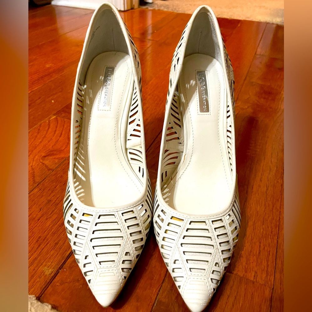 BCBG white stilettos